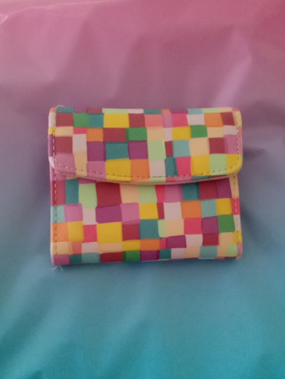 Ladies Small Colorblock Mosaic Wallet - Pink Multicolor 4" X 3.5"